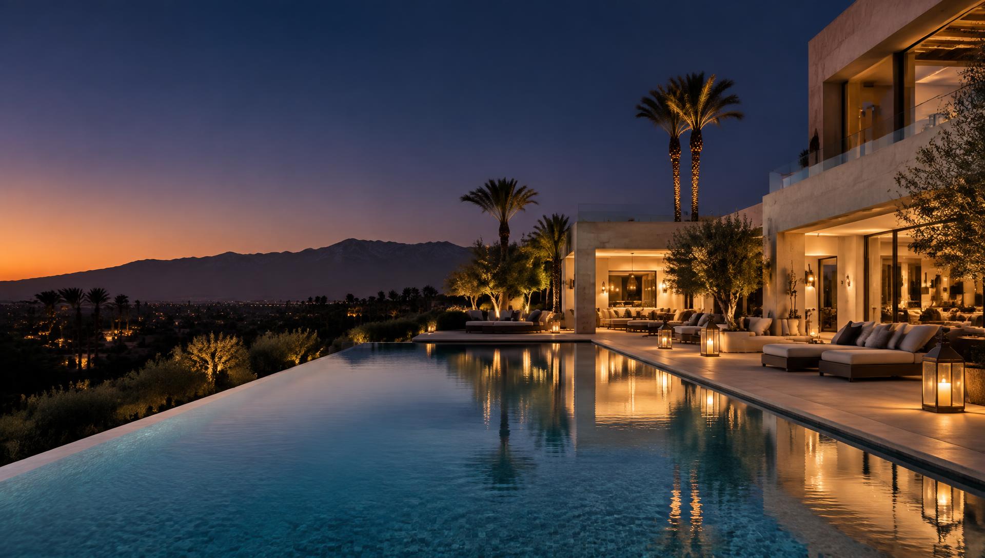 A private Marrakech villa and infinity pool overlooking the Atlas Mountains at sunset