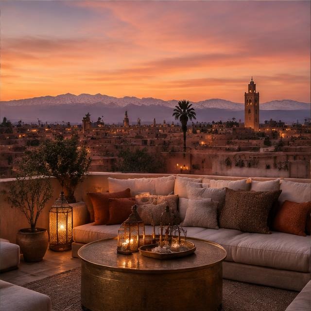 Marrakech medina skyline and Atlas mountains at dusk